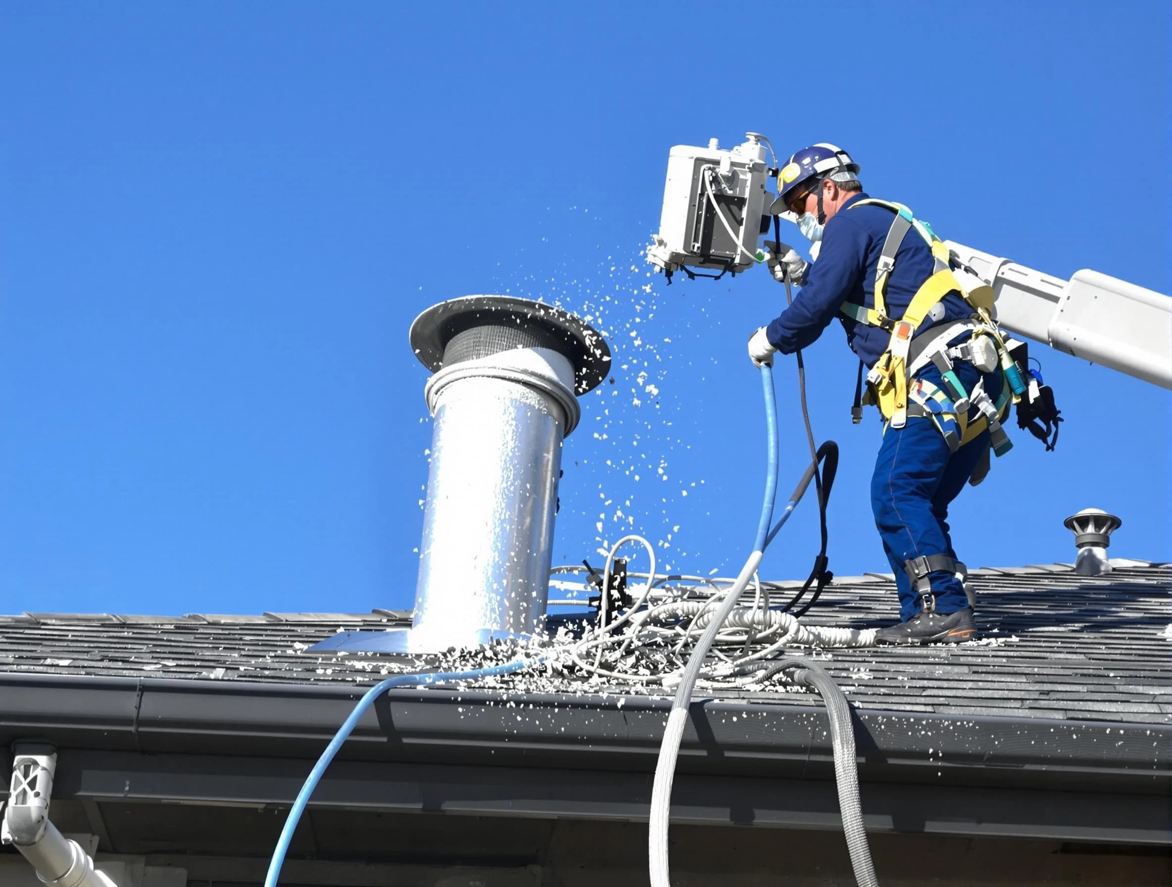 Harrison Dryer Vent Cleaning certified technician safely cleaning a roof-mounted dryer vent in Harrison