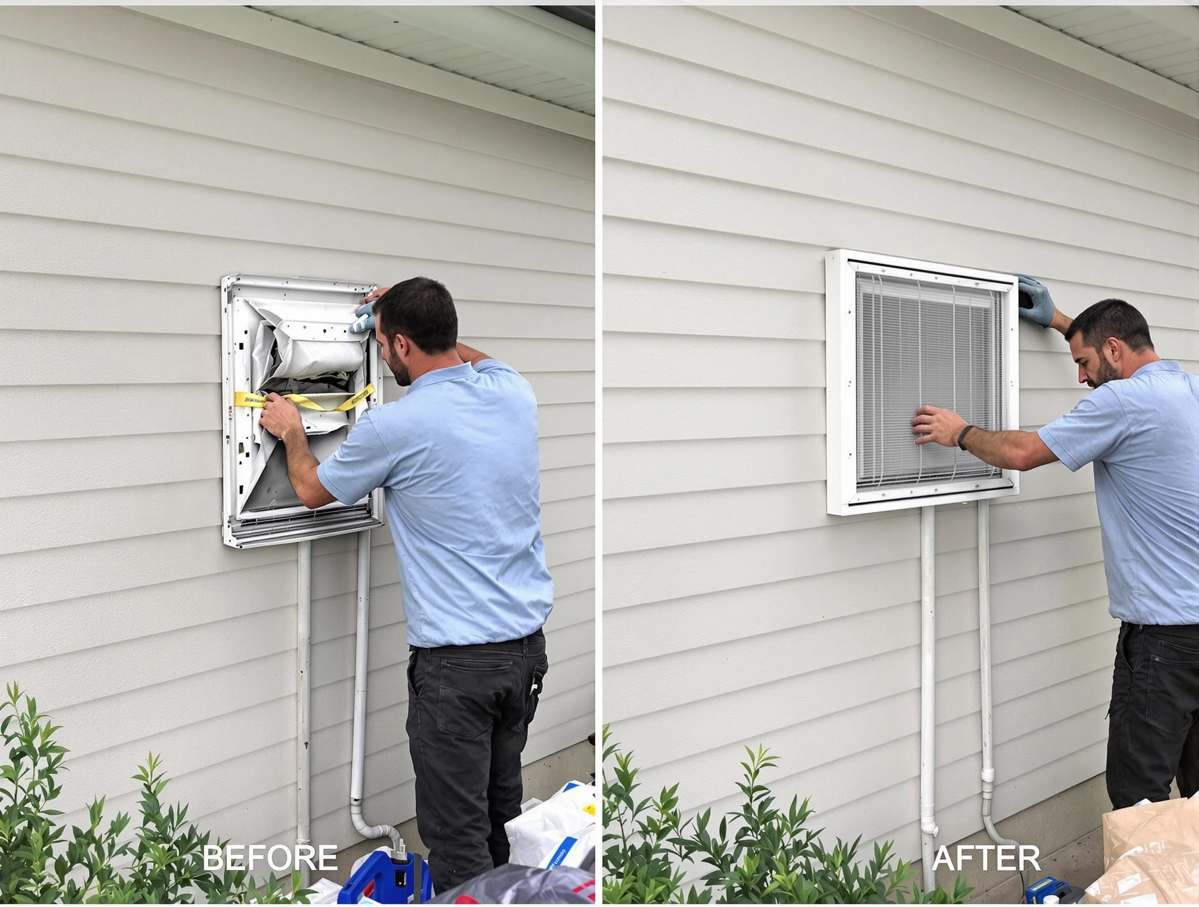 Harrison Dryer Vent Cleaning technician installing high-quality dryer vent cover at a residential property in Harrison